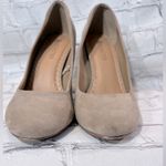 RESTRICTED Block Heel Tan Faux Suede w Embroidered Floral Heels Photo 2