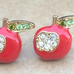 Gold Tone Red Enamel Crystal Apple Stud Earrings Photo 0