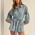NWT Mable Denim Balloon Sleeve Rompe Sz L Tie Waist Shorts Cotton Boho Western Blue Size L Photo 0