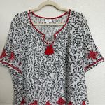 J. Jill White Embroidered Tassel Front Tie Embroidered Peasant Top, Size XL Black Photo 2