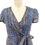 Anna Sui Wrap Mini Dress Short Sleeve Abstract Print Silk Blue Metallic Size 0 Photo 1