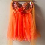Unique Vintage Let’s Fashion Orange/Pink Sequin Sweetheart Bust Dress Size S EUC Photo 0