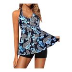 Halter Tankini Swimsuit Set Blue Black Flowy Twist Top Size Small NWT #6980 Photo 4