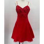 Vintage 90s Fit & Flare Mini Cocktail Dress Sweetheart Sequin Bodice Bow Red 4 Photo 2