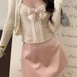 Japanese Kawaii Style Pastel Pink White Ruffle Stretchy Bow Ribbon Tank Top Size XS Photo 0