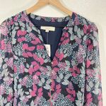 Loft  Floral Print Tiered Mini Dress Navy‎ Pink Long Sleeve Ruffle Boho Medium Photo 8