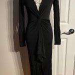 Bebe Vintage y2k Plunge Twist Knot Split Tie cascade Fitted Bodice Ribbed Long Sleeve Party Cocktail Black Maxi Tuxedo Dress V-neck Photo 0