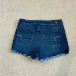 American Eagle  dark wash high rise shortie blue jean shorts in size 10 Photo 1
