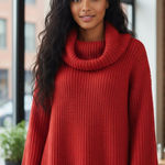 BB Dakota Red Chunky Chain Stitch Turtleneck Tunic Sweater Size Large Photo 0