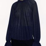 ZARA  Knit Blue Pleated Bell Sleeve Ruffle High Neck Semi Sheer Blouse Size M Photo 1
