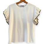 ZARA Trimmed T-Shirt White Top Gold Black Knit Cap Sleeve Ruffle Crew Neck Small Photo 0