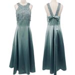 Vintage 90s Satin Gown Fit & Flare Floral Lace Bodice Bow Back Mint Green Blue 4 Photo 1