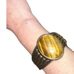 Large Vintage Tiger’s Eye Center Stone Gold Tone Cuff Bracelet Gold Photo 9