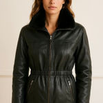 Vintage 90s Metropolitan New York Leather Jacket Fur Collar Cinched Waist Medium Black Photo 0