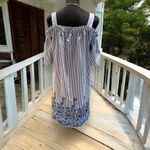 London Times  Cold Shoulder Blue & White Striped Embroidered Flower Dress Size 10 Photo 2