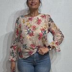 Loft Cream Floral Metallic Ruffle Cuff Blouse Sz LP Photo 0