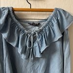 Vintage NY LINE 100% Cotton Denim Ruffle Tie Blouse Large Blue Photo 2