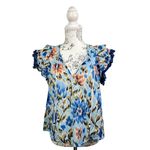 House of Harlow 1960 Size S Zoey Floral Cotton Ruffle Flutter Sleeves Top Blue Photo 1