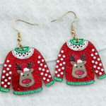 Christmas Reindeer Sweater Earrings, Ugly Holiday Party Earrings, Novelty Red Photo 0