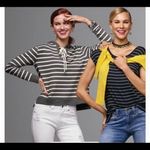 CAbi Hoodie Women's L Gray White Striped Rope Lace Up V Neck Hooded Tie Preppy Photo 3