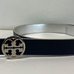 Tory Burch Reversible Leather Belt Silver Navy Size Large Logo Buckle Metallic Photo 7