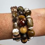 None Handmade Beaded Bracelet Trio Chunky Brown Earth Tones Mixed Metals Wood Photo 3