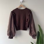 ZARA Brown Ruffle Blouse Knit Puff Sheer Long Sleeves Crew Neck Sweater Top EUC Photo 3