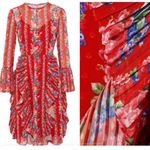 Mikael Aghal Pleated Ruffle Floral cocktail spring Georgette Dress formal 450$ Red Size 12 Photo 2