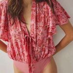 Free People Call Me Later Bodysuit Pink Paisley Ruffled Flutter Sleeve Photo 0