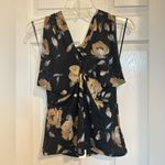 Anthropologie  Tie Shirred Black Gold Cream Floral Halter Top open back L nwt Photo 2