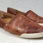 Frye Melanie Shoes Womens 7 Cognac Brown Leather Embossed Logo Slip On Flats Photo 1