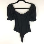 Lulus Romantic Inclination Black Ribbed Knit Puff Sleeve Bodysuit Stretch S Photo 1