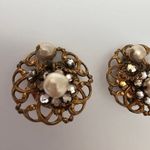 Victorian Pearl Bead Rhinestone Dark Gold tone Clip Vintage Statement Earrings Photo 1