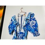 Farm Rio Full Of Flowers Blue White Lace Ruffle Deep V-Neck Jumpsuit Size Small Photo 5