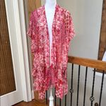 Umgee  Pink Red Floral mixed media Kimono ruffle open front Top M L Photo 1