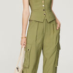 Ramy Brook Women's Green Satin Style Cargo Gold Button Detail Emil Pants size 8 Photo 0
