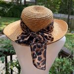 Cappelli Straworld 100% Straw Sun Hat Leopard cloth bow tie one size EUC Brown Photo 0