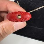 Red Cinnabar Carved Pendant Necklace Green Jade‎ Stone Asian Symbol Chain Photo 4