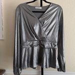 Grace Karin Glam Metallic Peplum Long Sleeve V Neck Silver Top Large Party Chic Party Flare Photo 0