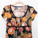 Y2K Only 9 Womens Babydoll Top Size M Petite Black Orange Floral Retro Indie Photo 2