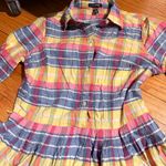 Lands' End Madras Plaid Shirt Dress Pleated Preppy Cotton Plaid Button-Up Photo 3