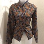 80s Vintage blue brown paisley button up down shirt top blouse long sleeve office siren core corporate Photo 0