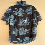 Ann Taylor Navy Blue Floral Toile Smocked Yoke Top Blouse Shirt in Night… Photo 0