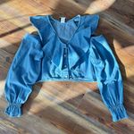 Vintage 80s/90s Chambray Ruffle Cold Shoulder Crop Top Blue Size M Photo 2