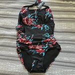 Black Floral Swimsuit Tropical Deep Plunge Backless Halter Size Small NWT#1845 Red Photo 2