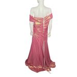 Mac Duggal  Off The Shoulder Ruched Waist Slit Metallic Gown Coral 27152 Sz 16 Photo 4