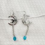 Cat on Moon Earrings Bead Accent, Quirky Cool Hammered Silver Cat Sat on Moon Photo 1