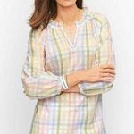 Talbots  Size M Ruffle Tunic Top Rainbow Plaid Lightweight Ladder Trim Split Neck Photo 0