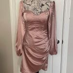 NWOT D&M Vintage y2k Satin Long Puff Sleeves Heart Neck Bodycon Cocktail Blush Pink Mini Dress M Draped Coquette Pastel Size M Photo 0