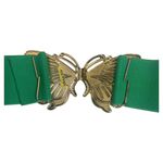Vintage 80s 90s Green Butterfly Stretch Belt Wide Elastic Chunky Gold Enamel Buc Photo 2